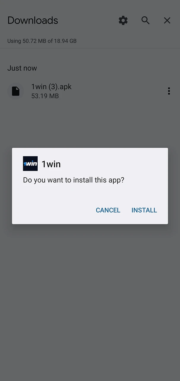 Start the installation process of the 1Win application and wait for it to complete.