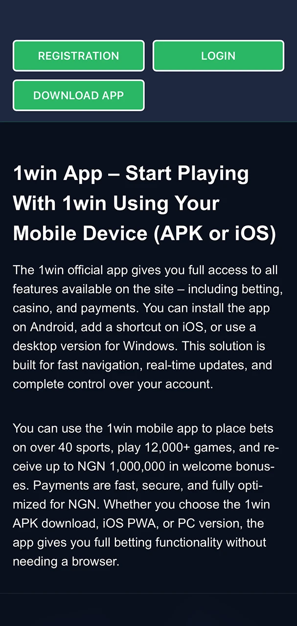 Click on the Android icon to start installing the 1Win app.