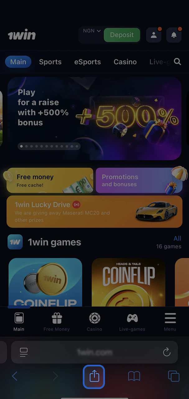 Open the menu in your Safari browser to add the 1Win app to your device.