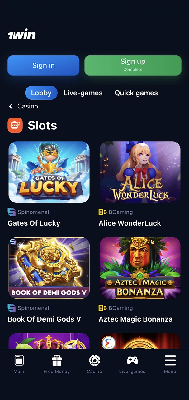 The best slots on the 1Win app.