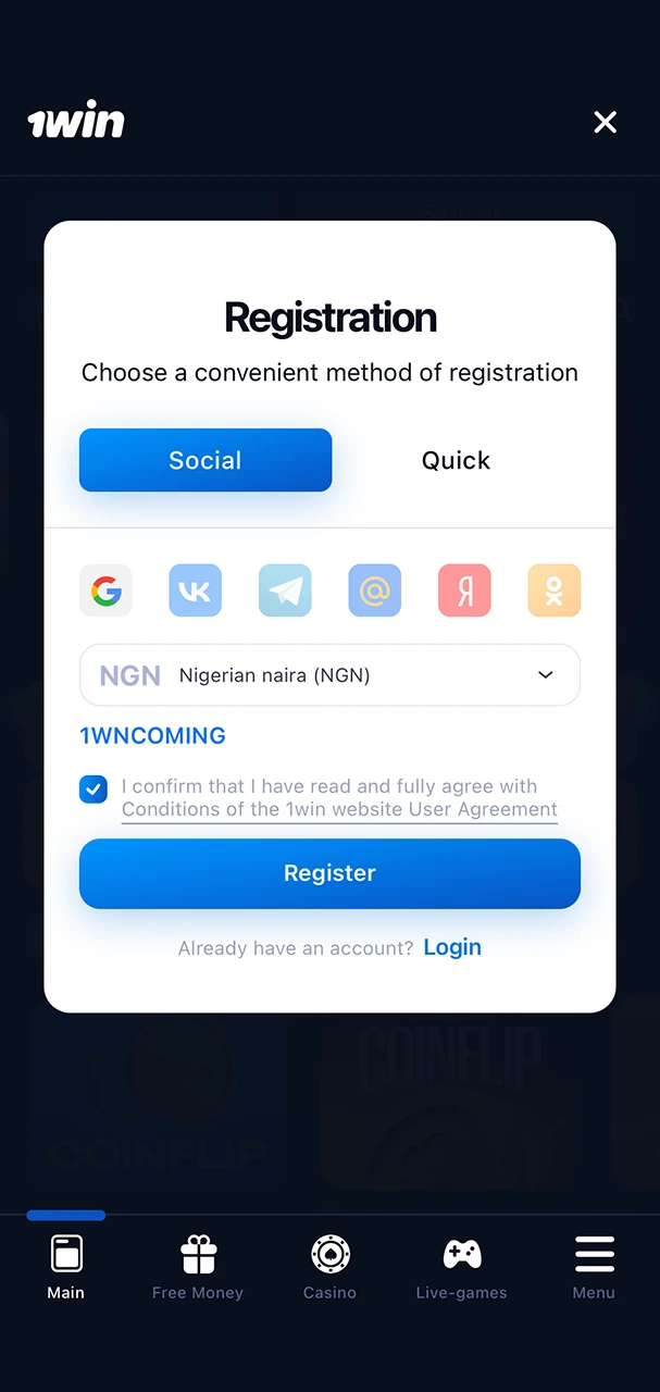 Perform a quick registration with 1Win.