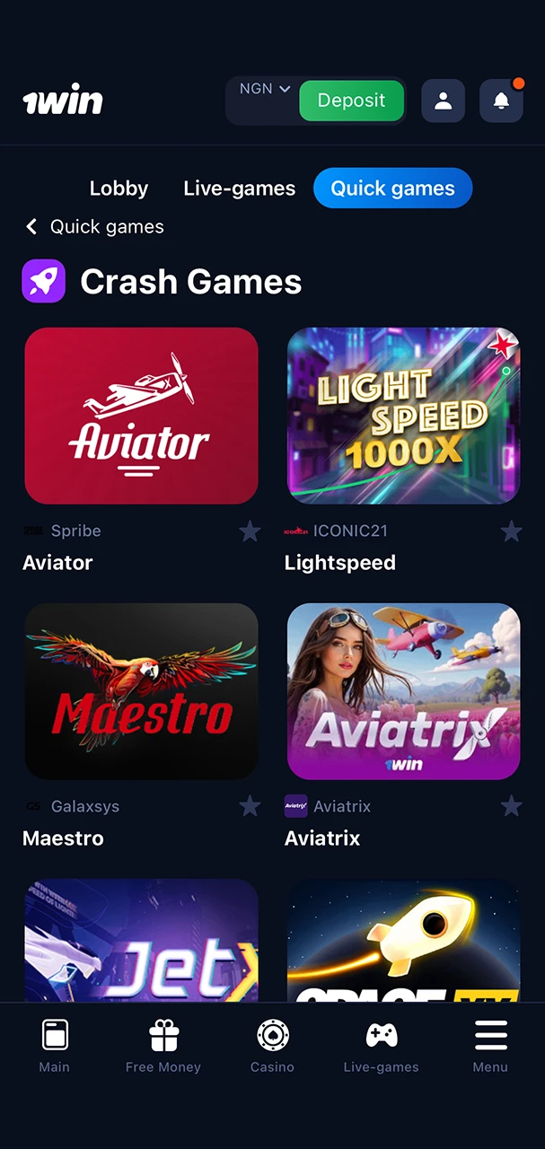 Use the search engine to find the Aviator game from 1Win Casino.
