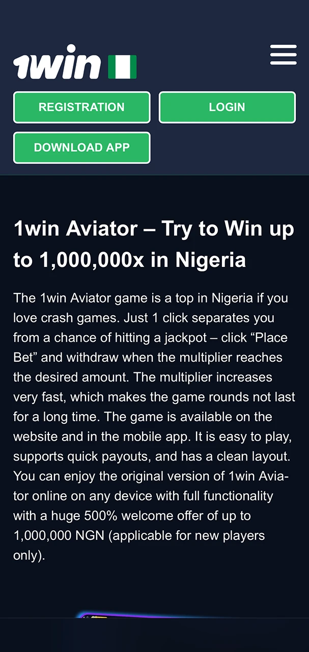 Select the green button to register with 1Win and get a quick start in the Aviator game.