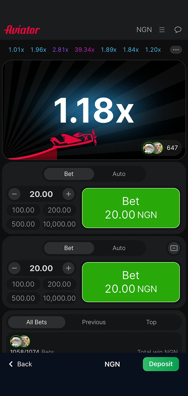 Home page in the Aviator game from 1Win Casino.