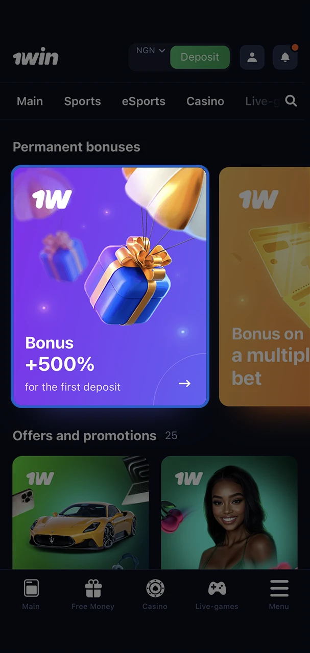 Start the process of activating the best bonus from 1Win Casino.