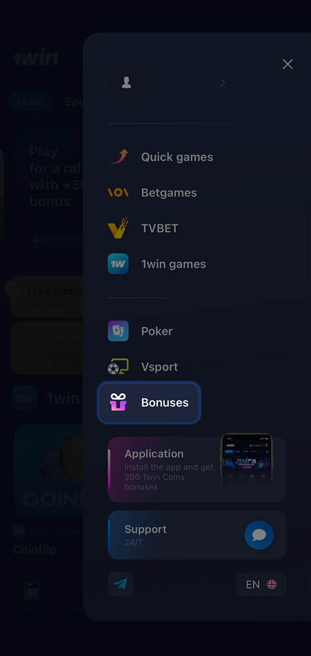 Open the section with bonuses from 1Win casino.