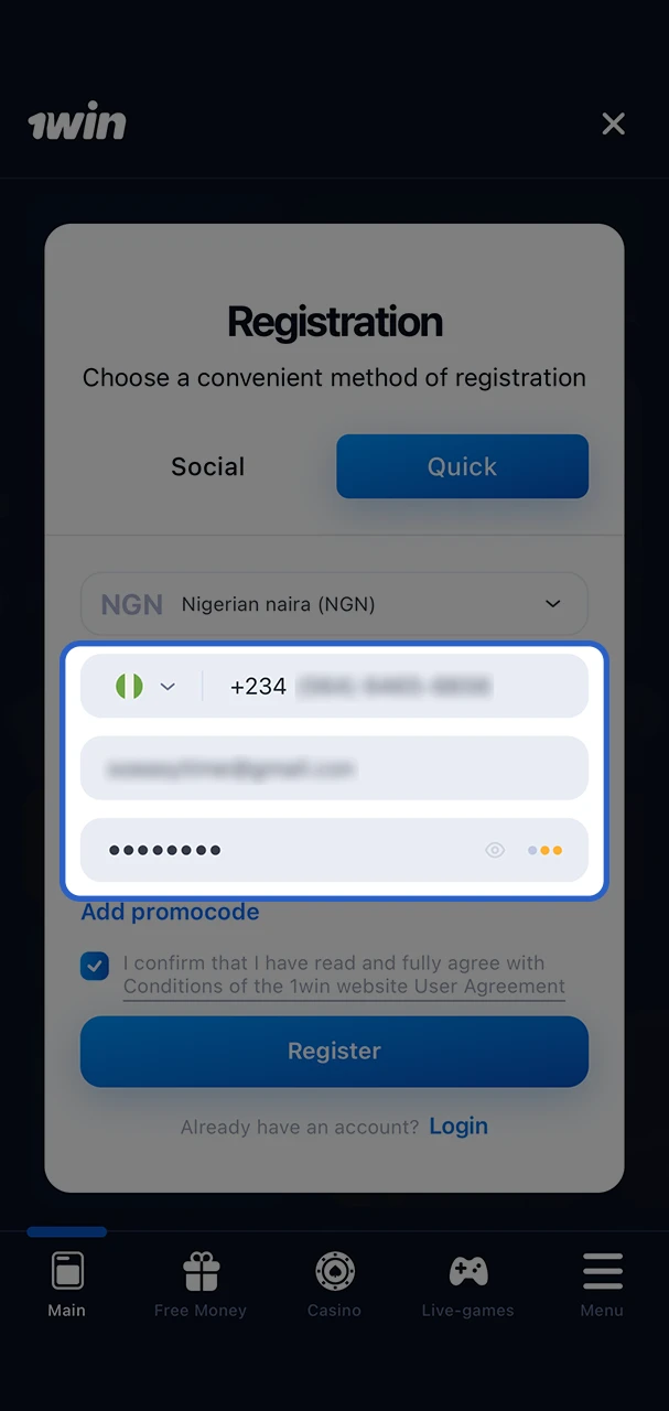 Enter only valid data when registering with 1Win.