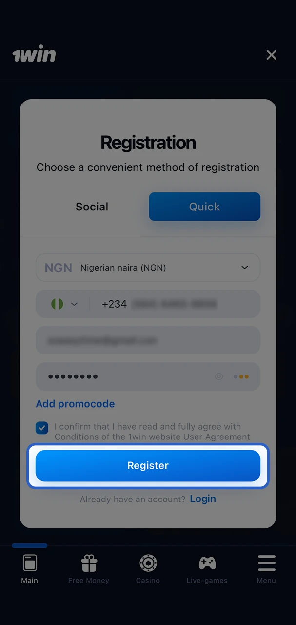 Confirm your participation on the 1Win website.