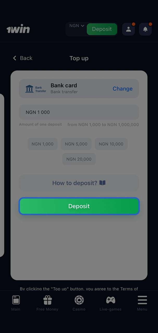 Confirm your deposit by selecting the appropriate button on the 1Win website.