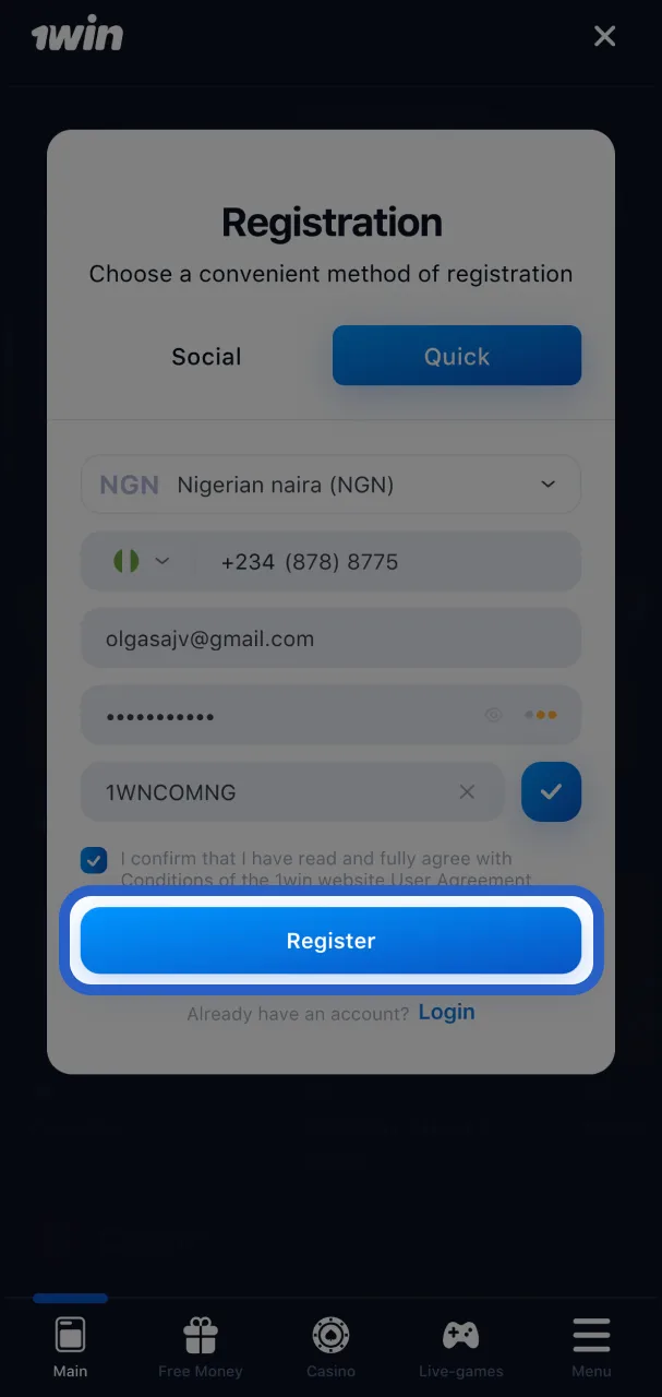 Finalize your 1Win registration.