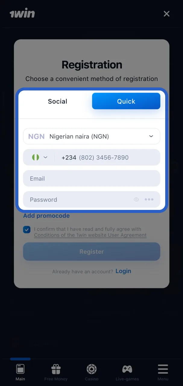 Pick Quick or Social registration on 1Win.