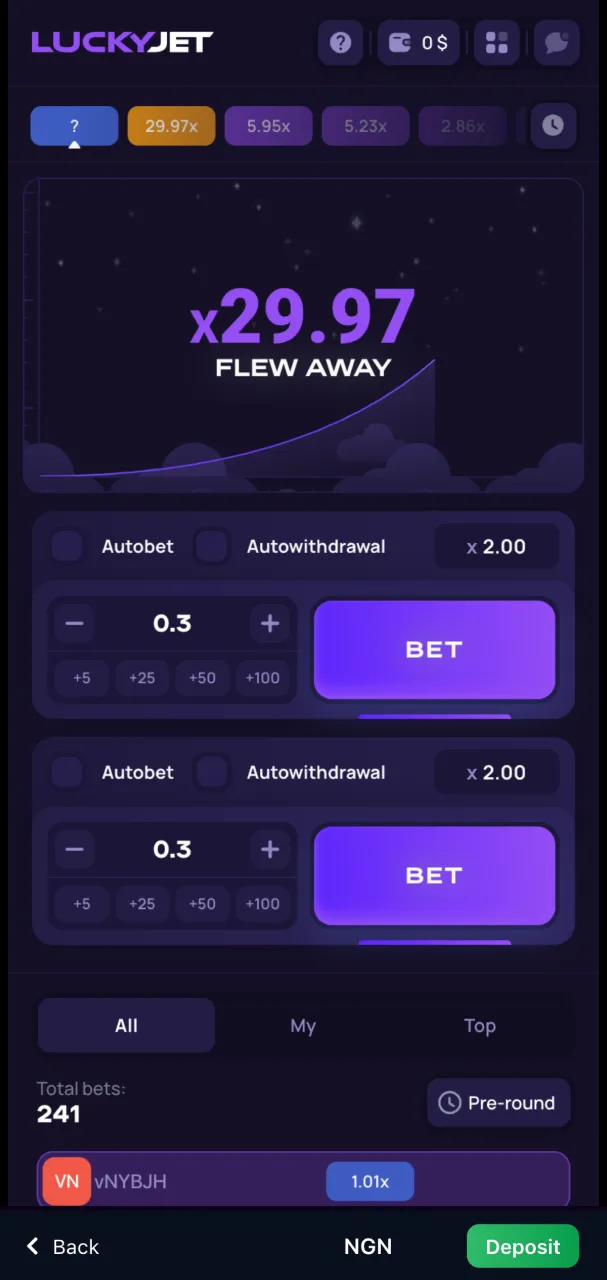 Finish your Lucky Jet session in 1Win and review your final winnings.