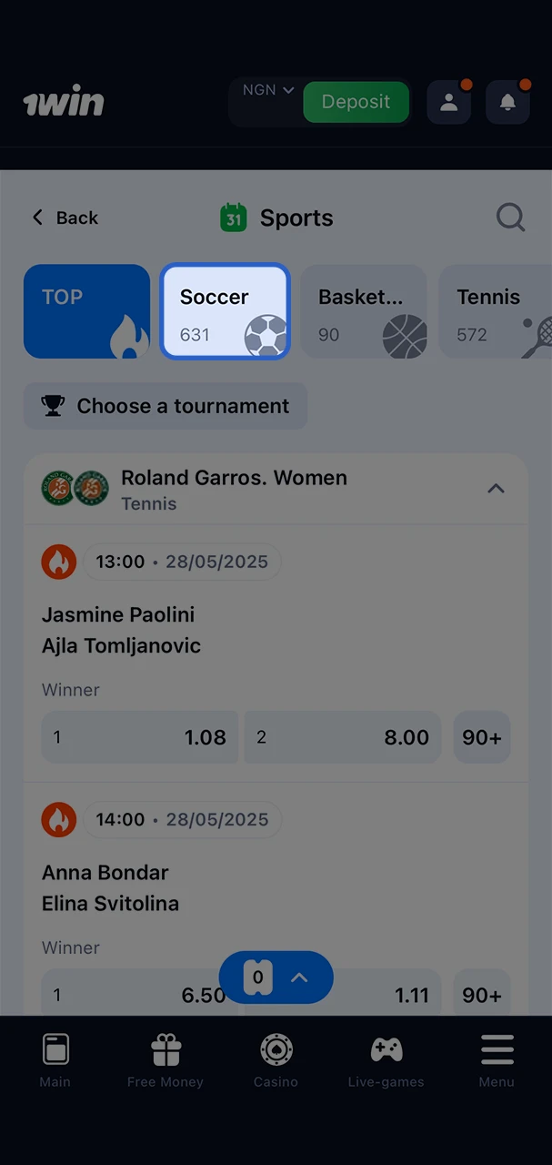 Choose your favourite sport for a possible bet at 1Win.