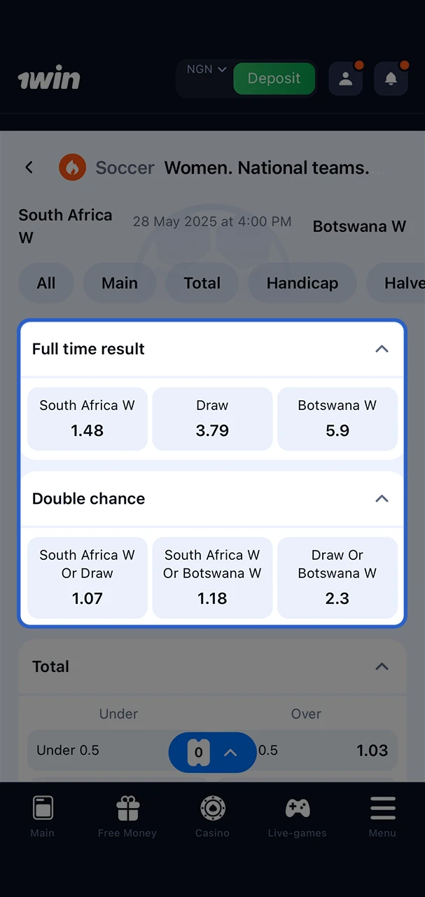 Explore the available odds and make your choice when betting at 1Win.