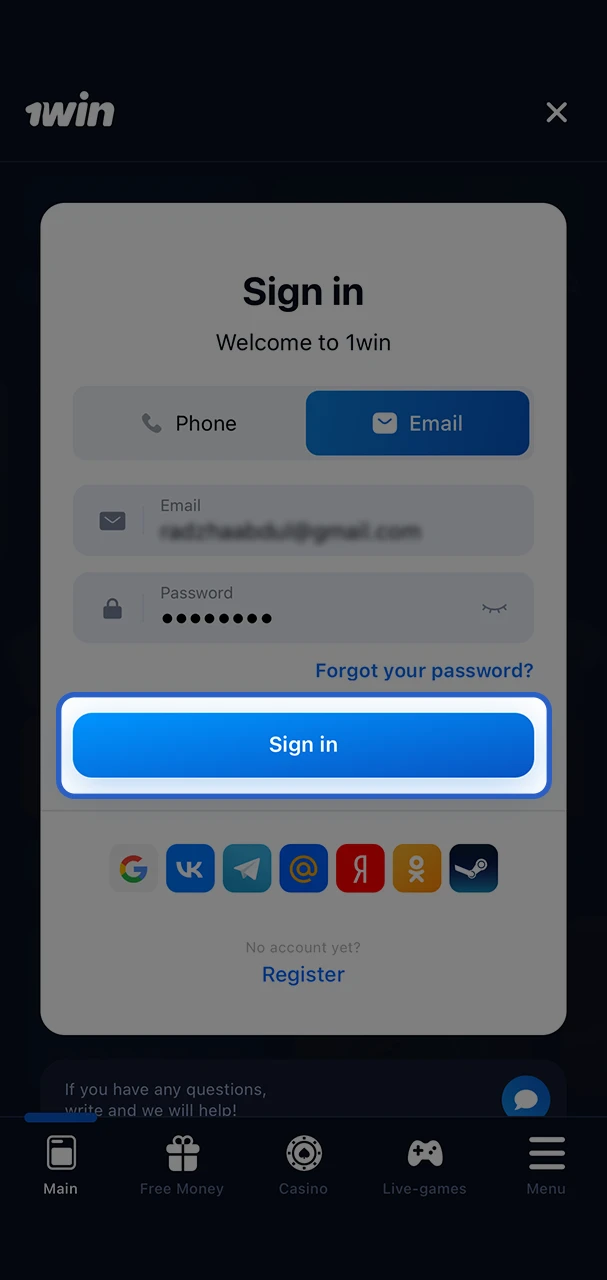 Click on the Sign In button and wait to be taken to your personal account on the 1Win website.