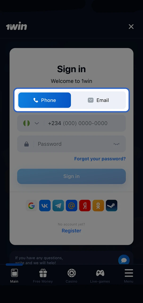 On the 1Win website there are two methods available for you to log in to your account, choose the one that suits you.