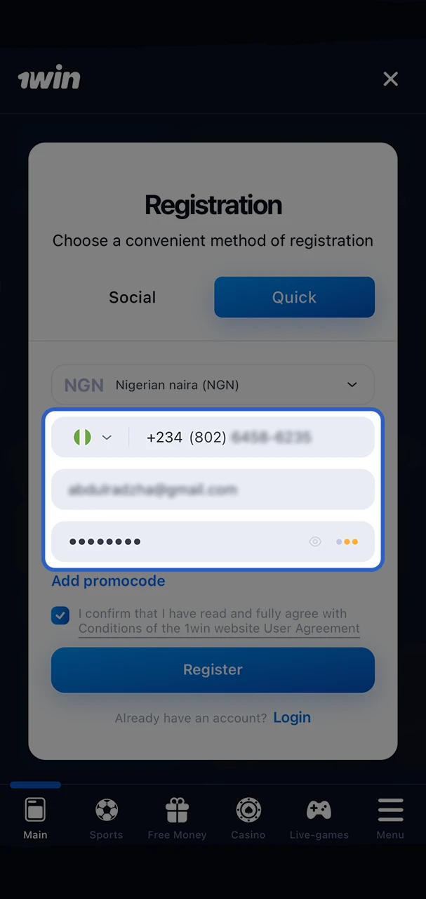 Check that the data entered when registering in the 1Win application is correct.