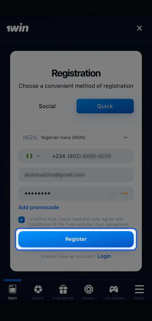 Select the blue button to complete your registration on the 1Win website.