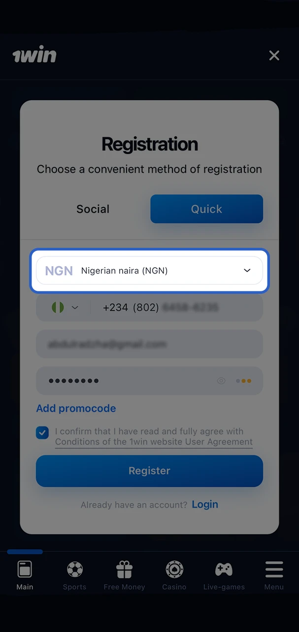 Find Nigeria in the list of countries and select it, because this is required when registering with 1Win.