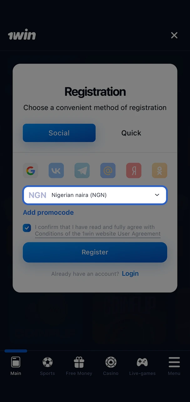 Use the search menu to find Nigeria when registering with 1Win.