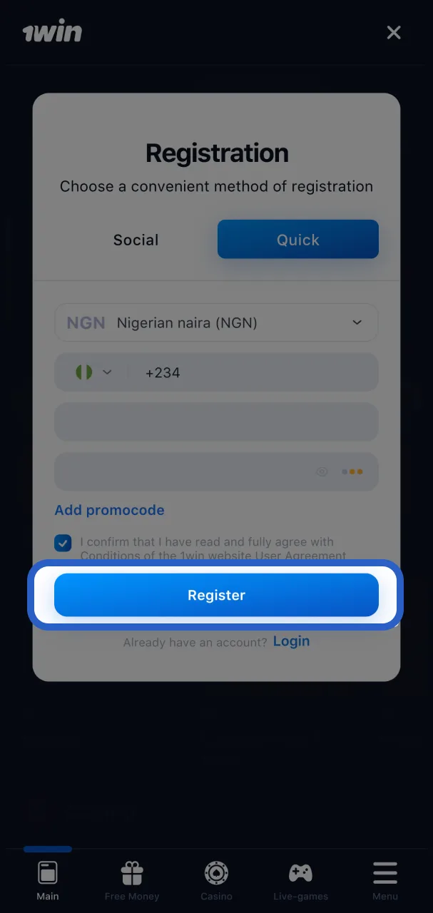 Complete your 1Win registration by submitting the form and activating your profile.