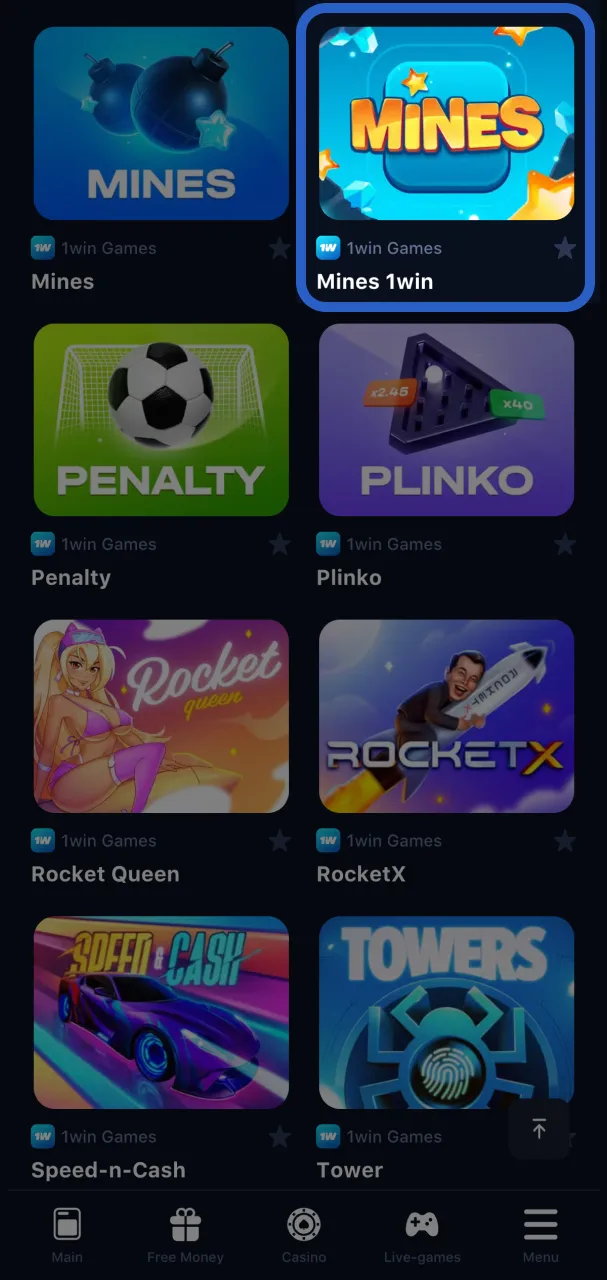 Navigate to the 1Win Casino section and search for Mines to start playing.
