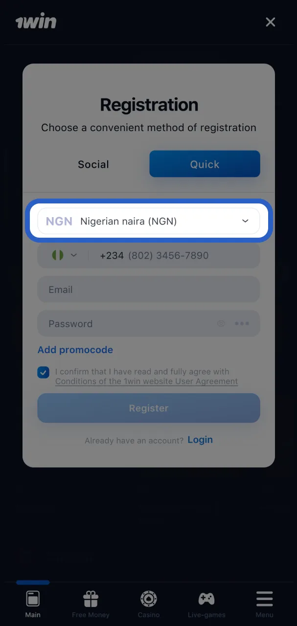 Select Nigeria and NGN in your 1Win account settings.