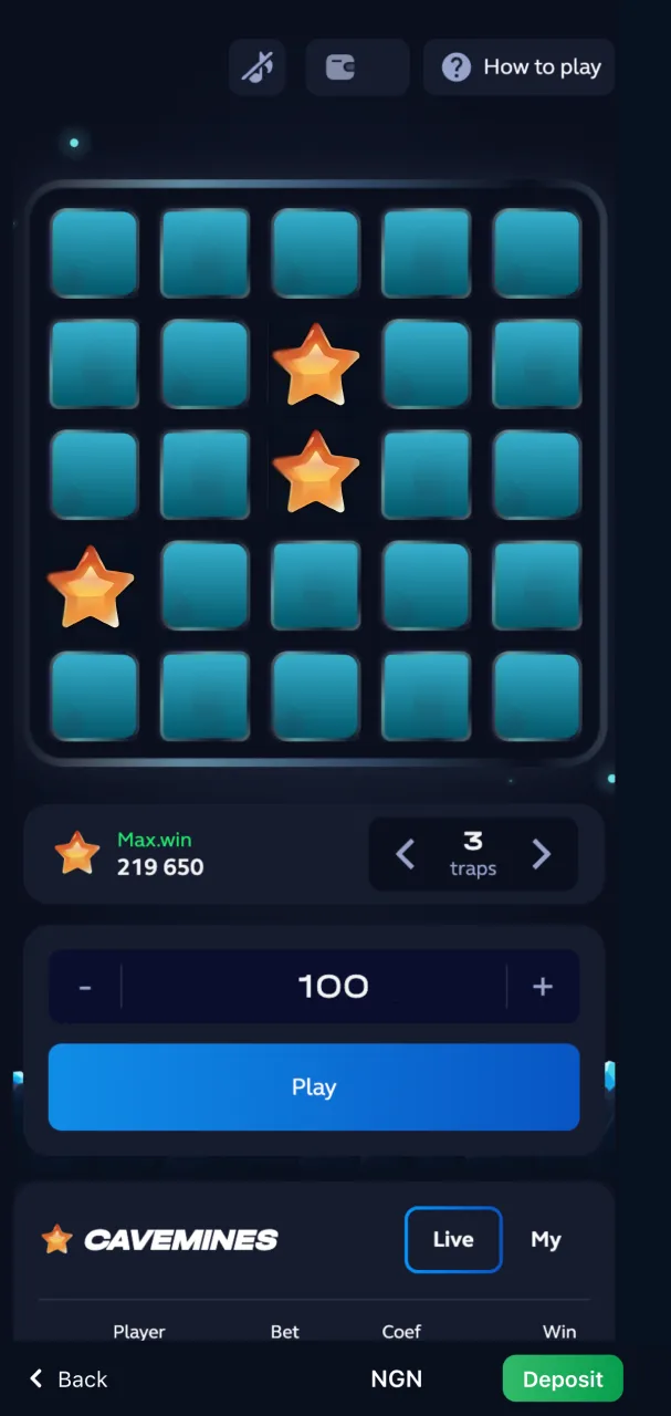 Adjust your stake and select the number of bombs to start your 1Win Mines game.