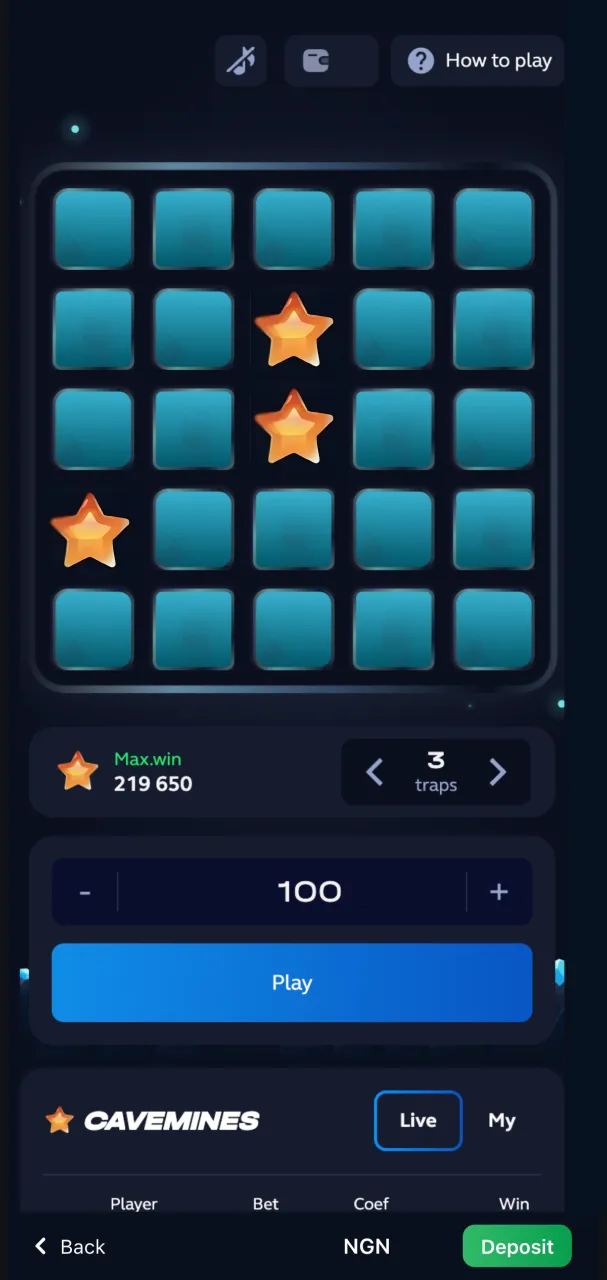 Tap to begin your 1Win Mines game and uncover hidden rewards.