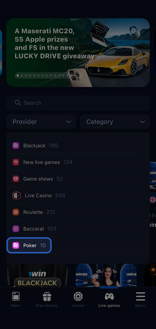 Launch the casino tab and select 1Win casino poker games with dealers from the drop down list.