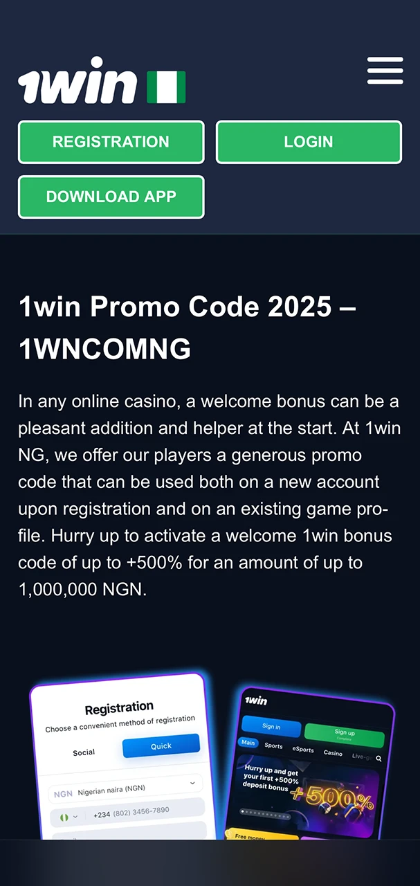To enter the promo code you need to register on the 1Win website.