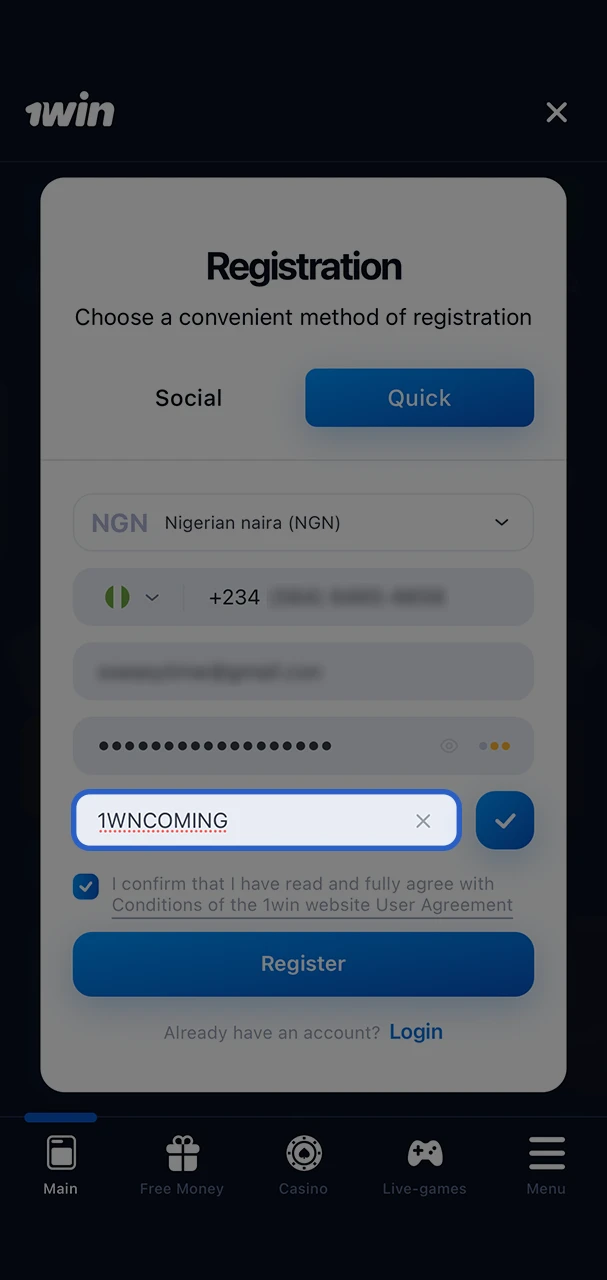 Pay attention to the promo code field when registering an account with 1Win.