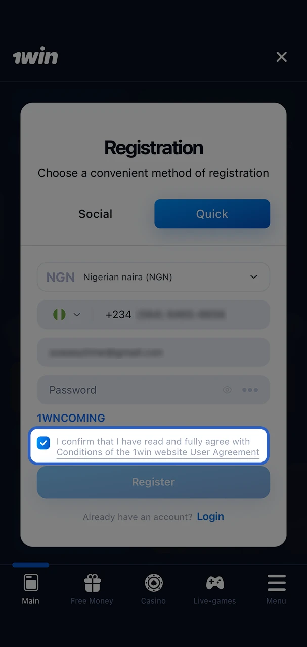 Familiarise yourself with the terms and conditions of joining the 1Win gambling site.