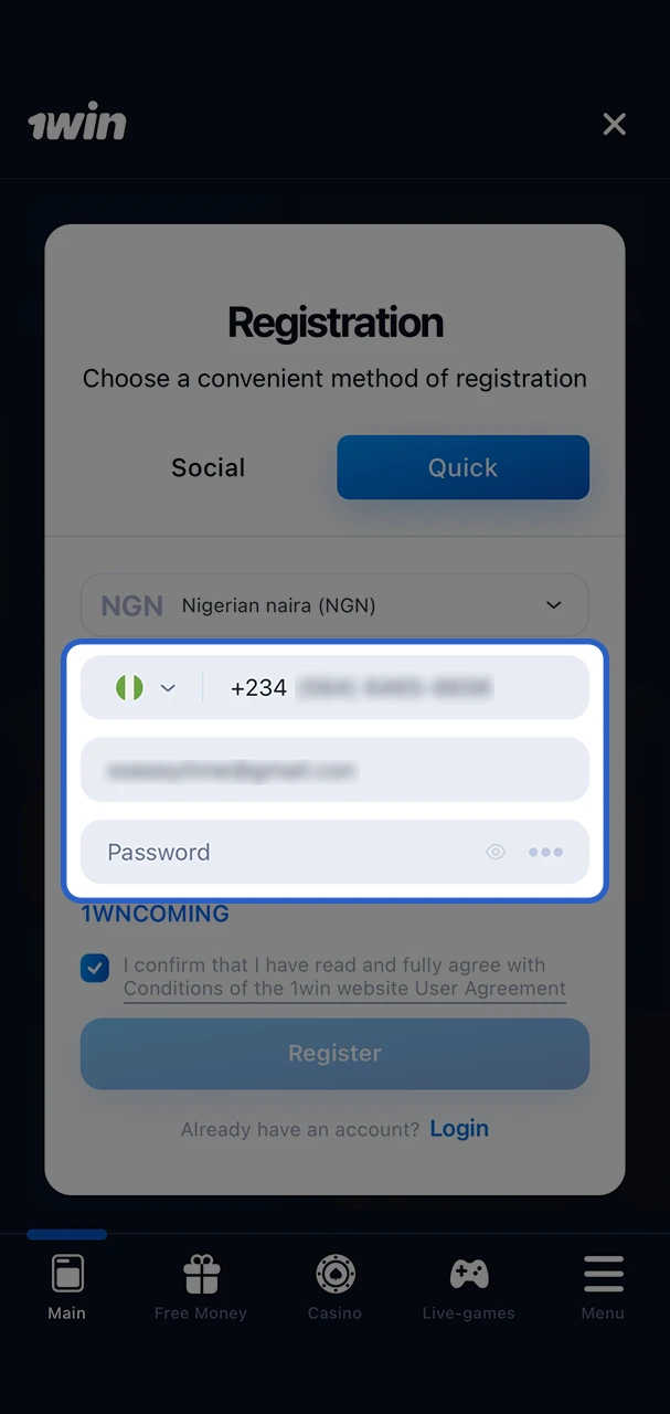 Check the data entered on the 1Win website using the phone registration method.