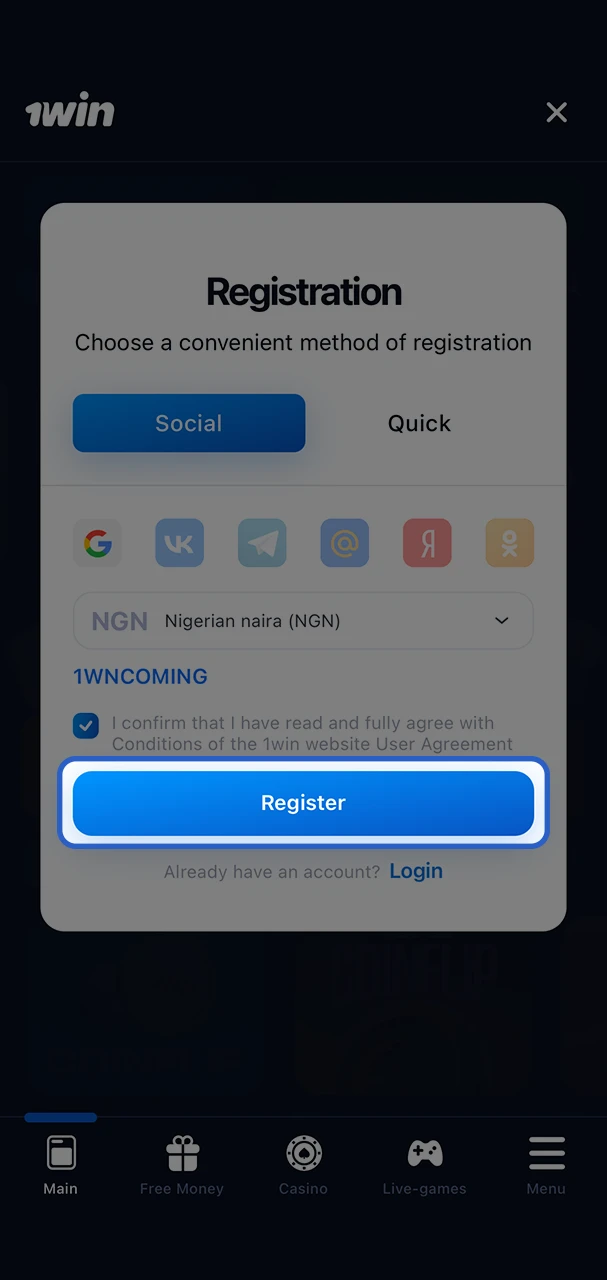 Complete your registration and go to your account section to familiarise yourself with all the features of 1Win.