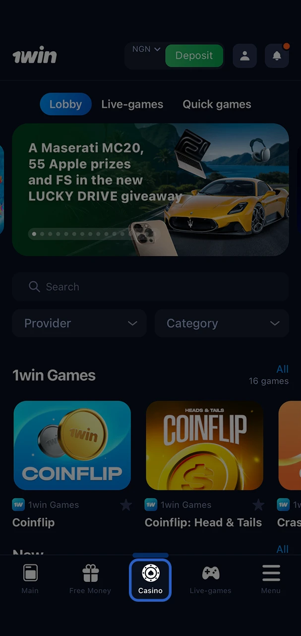 Launch the tab with popular and unique games from 1Win Casino.