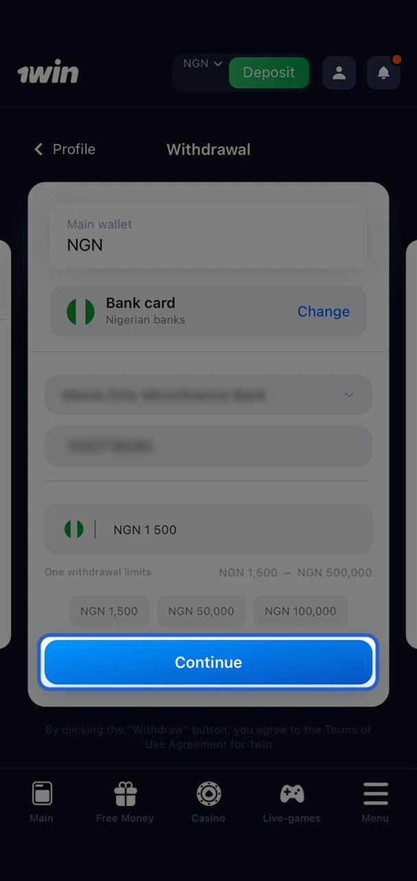 Confirm the withdrawal of your won funds on the 1Win website.