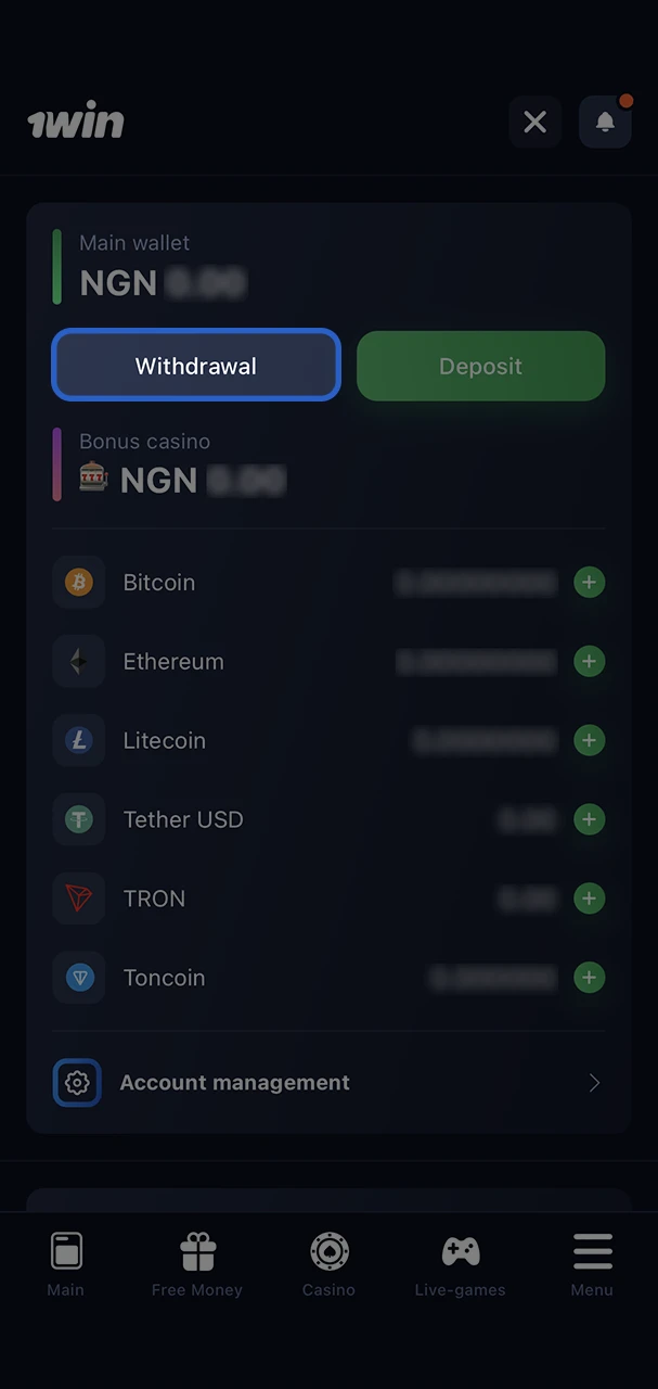 Go to the account menu to initiate a withdrawal from 1Win.