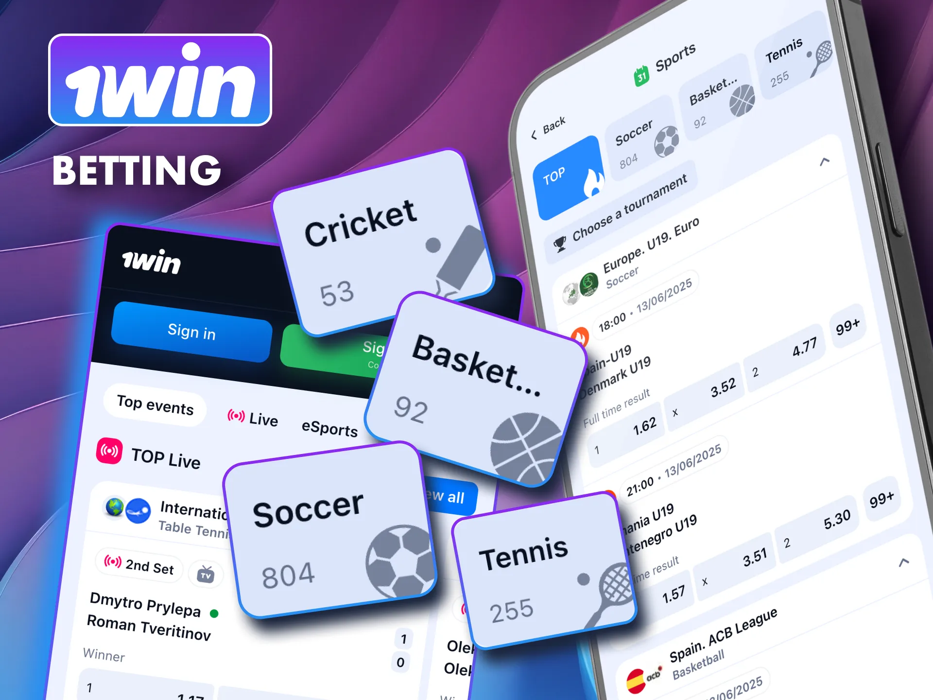 Bet on football basketball and more in 1win app.