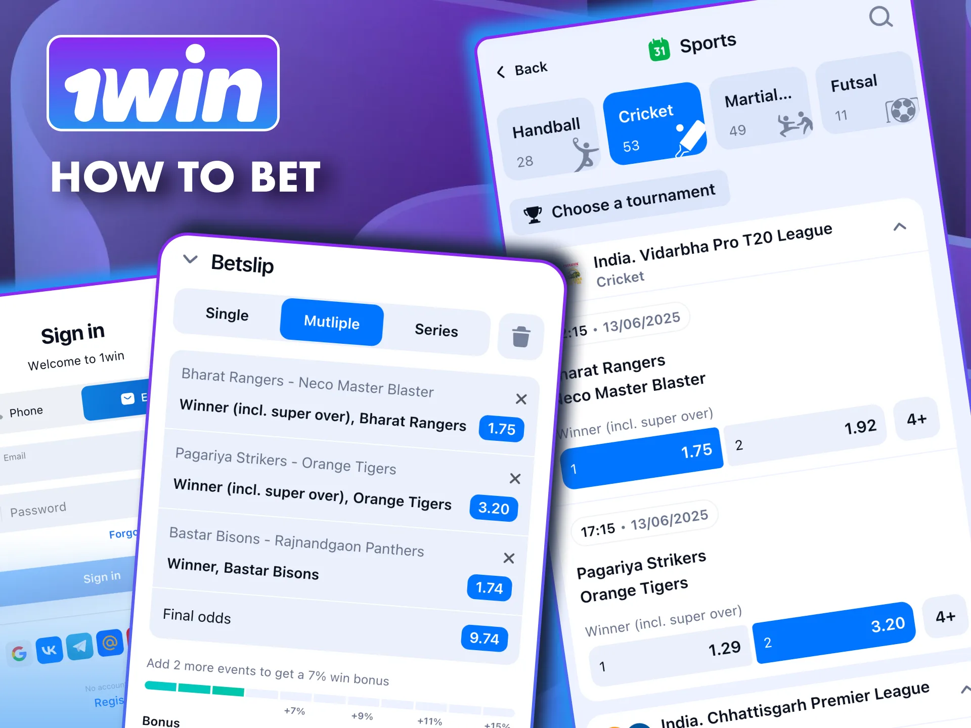 Quick betting steps in 1win mobile platform.