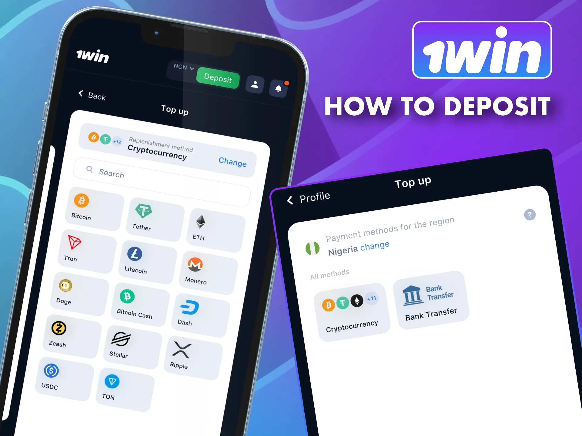 Quick deposit steps in 1win app for Nigeria.
