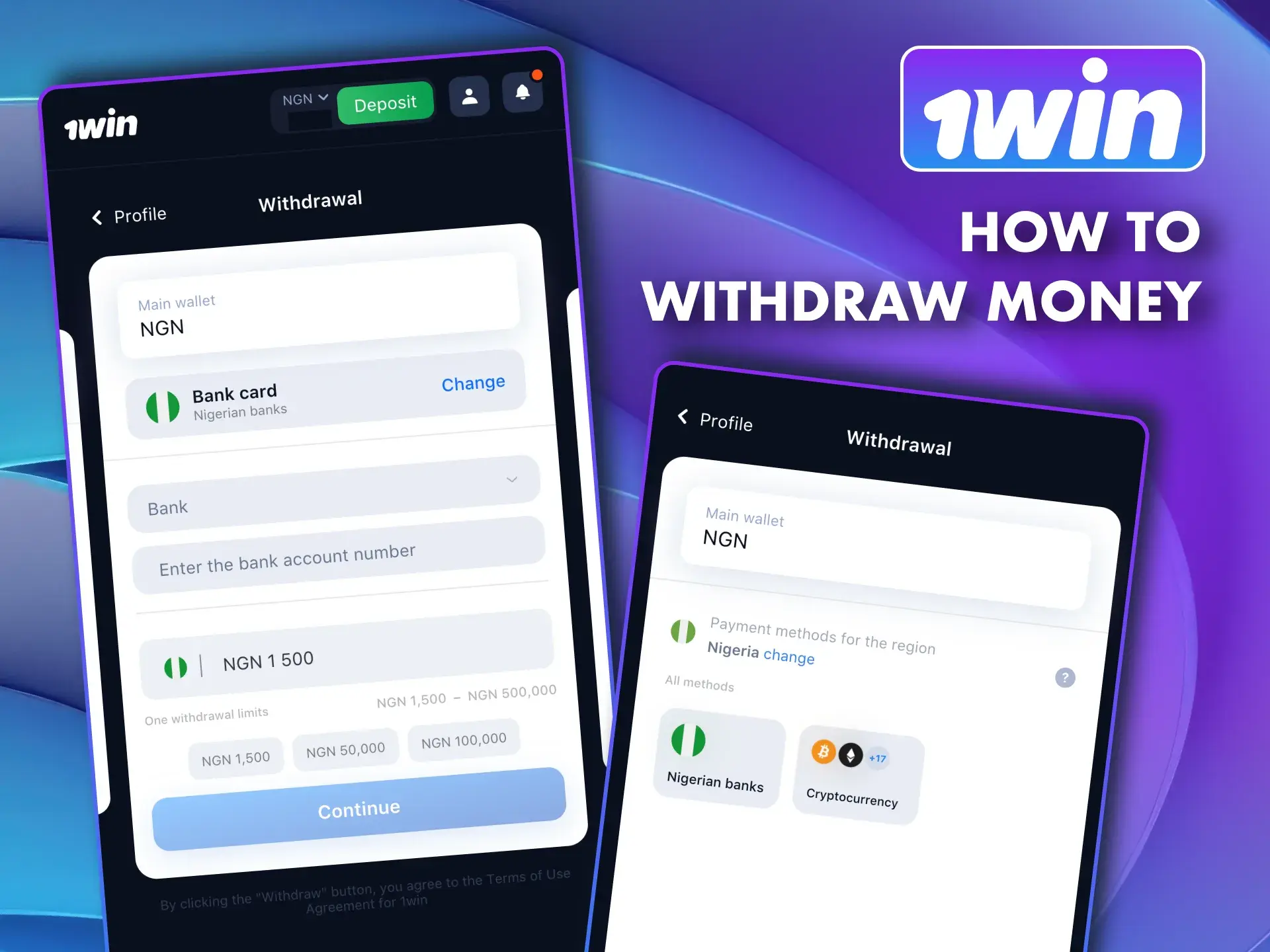 Withdraw funds from 1win app to bank or crypto.