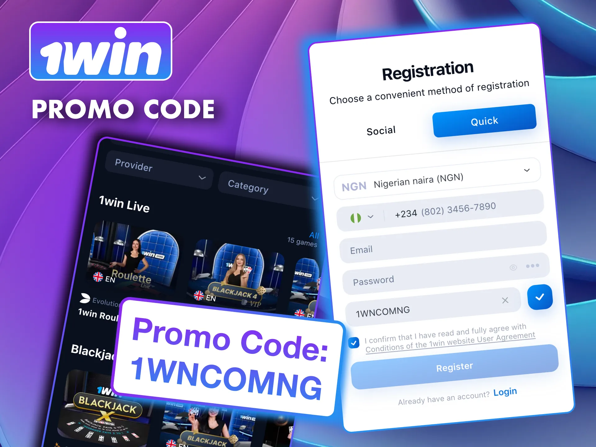 Activate 1win bonus with mobile promo code.