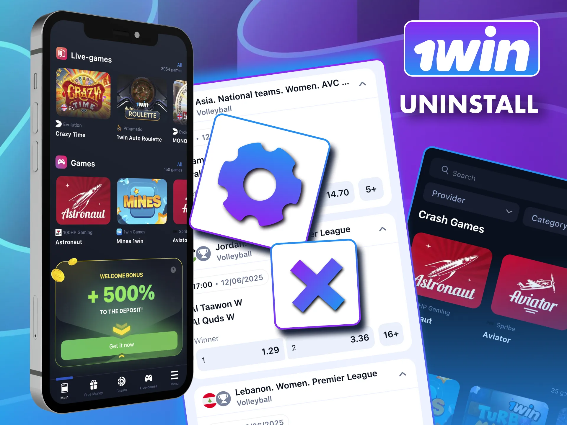 Delete 1win app via home screen or settings.