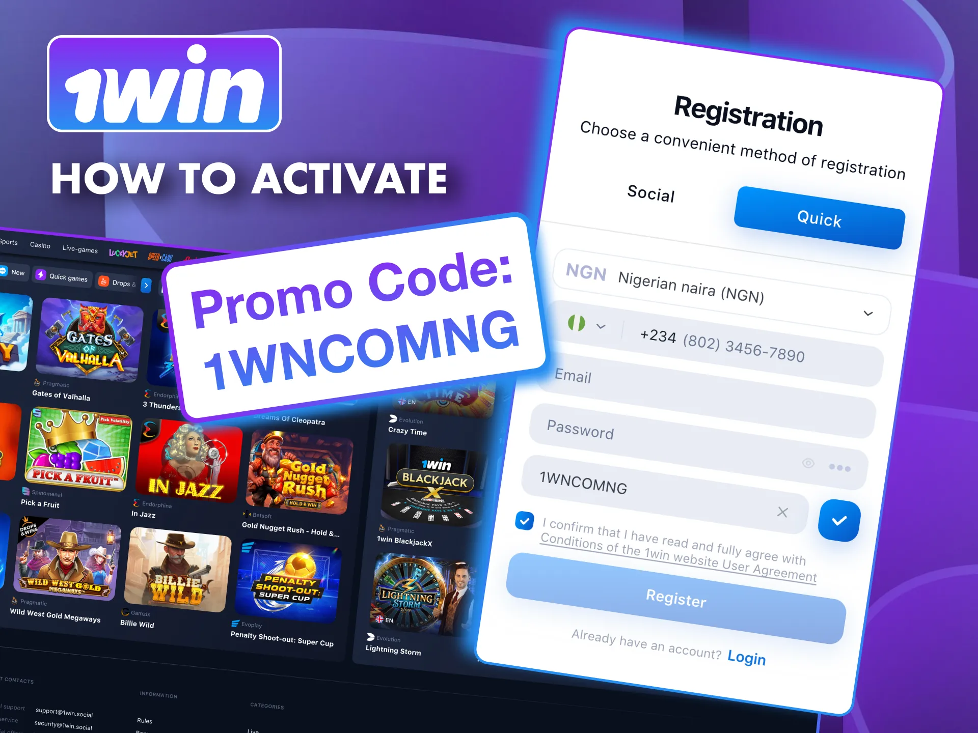 Enter 1win bonus code during sign up to claim reward.