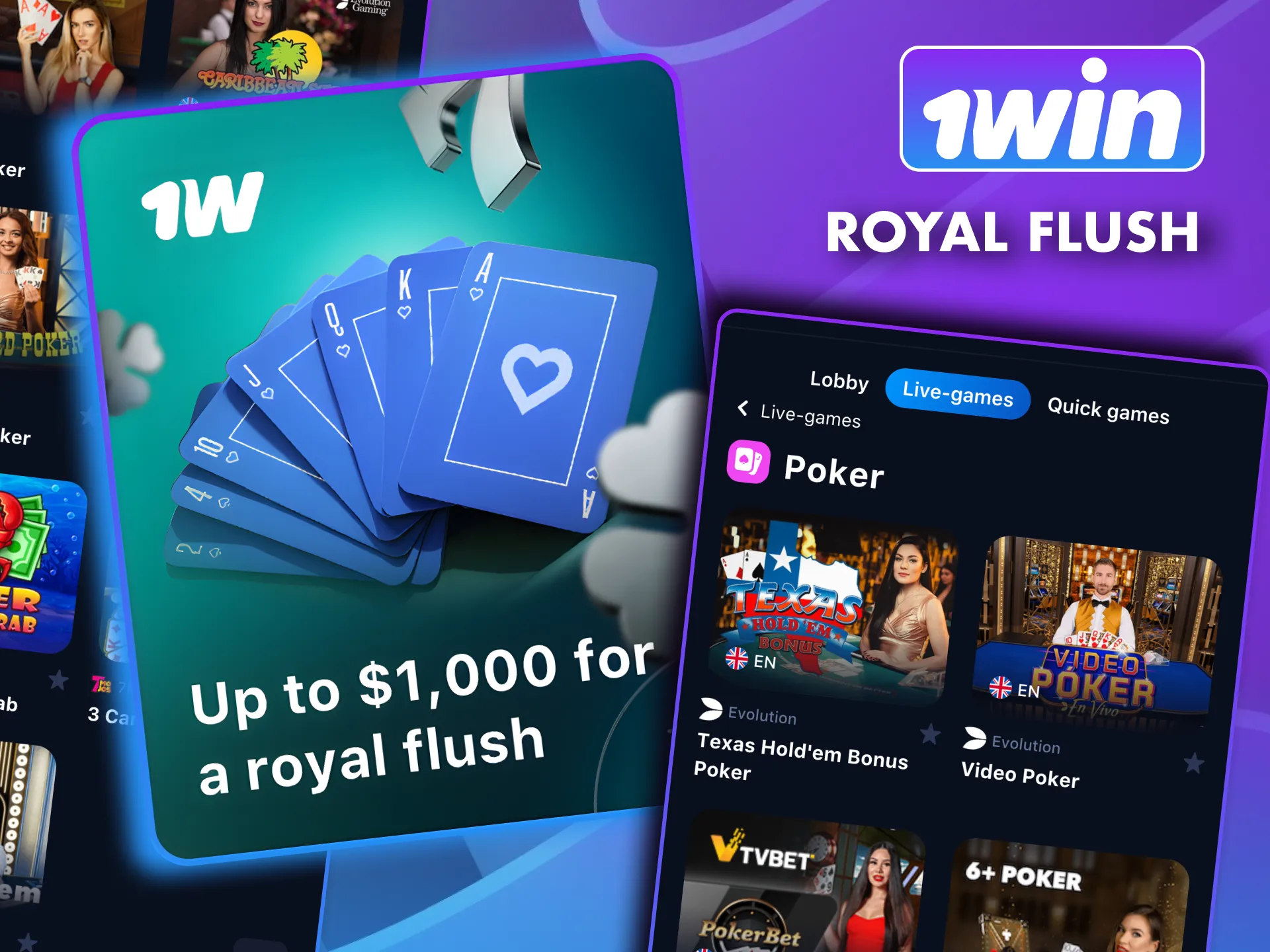 Hit royal flush and contact 1win support to claim reward.