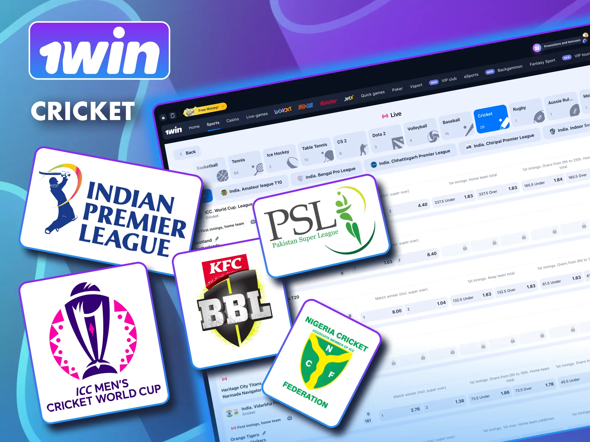 1win cricket bets cover IPL, PSL, Ashes, and Nigerian leagues.