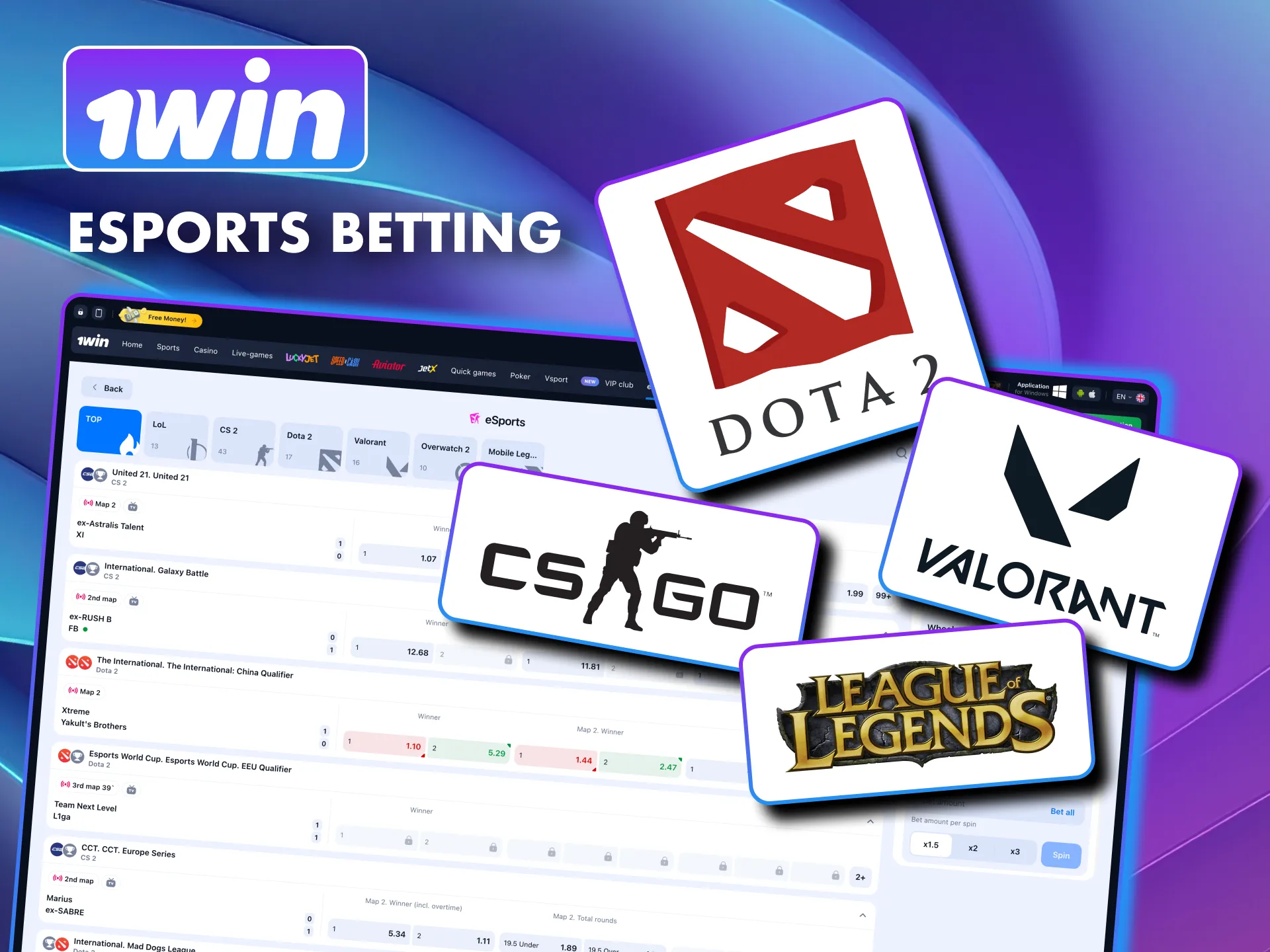 Enjoy esports at 1win with bets on Valorant, LoL, and The International.