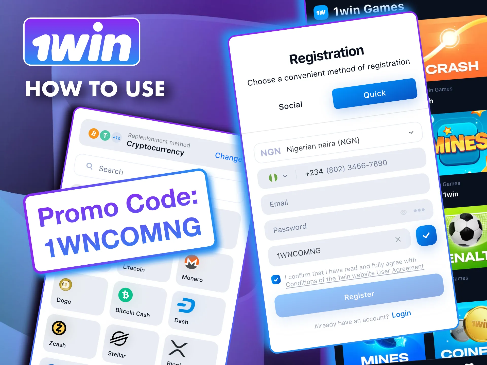 Download 1win app and enter promo code during sign up.