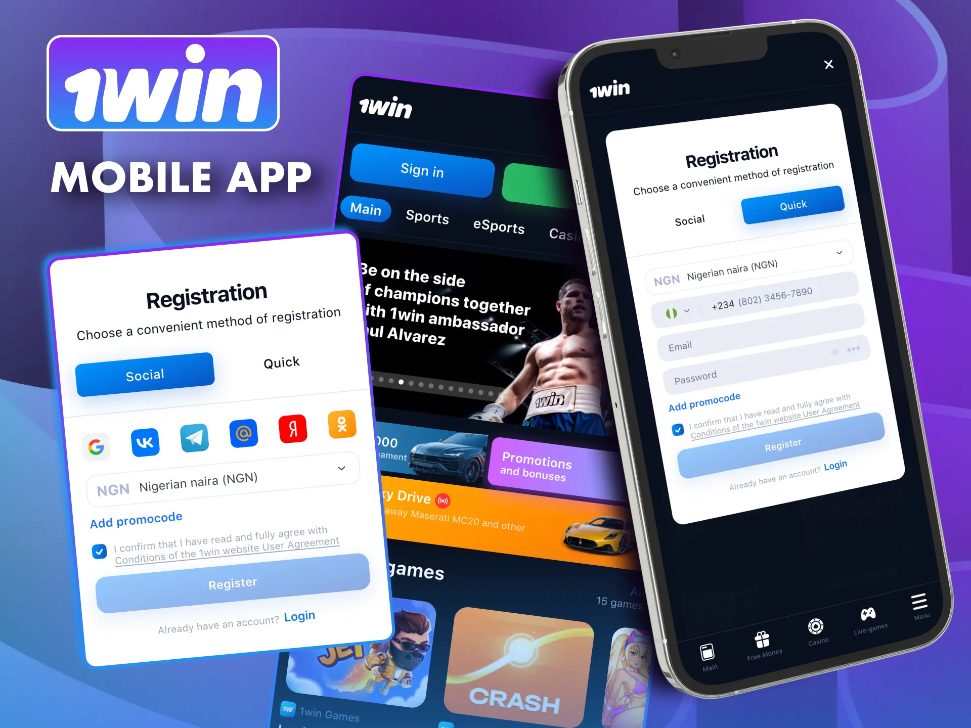 Download 1win app and tap register on home screen.